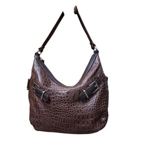 Marino Orlandi Large Croc Embossed Brown Leather Hobo Shoulder Handbag, 